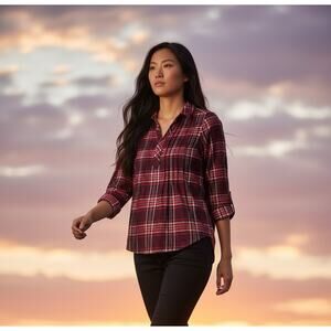 Westport Tunic Top Womens XS Burgundy 3/4 Roll Tab Sleeve Flannel Stretch Soft